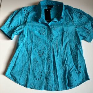 Liv Los Angeles Embroidered Eyelet Shirt M Cotton Short Sleeve Button Up NWT